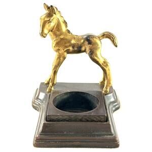 Vintage Brass Horse Foal Desk Inkwell on Bronze Base – Art Deco Era